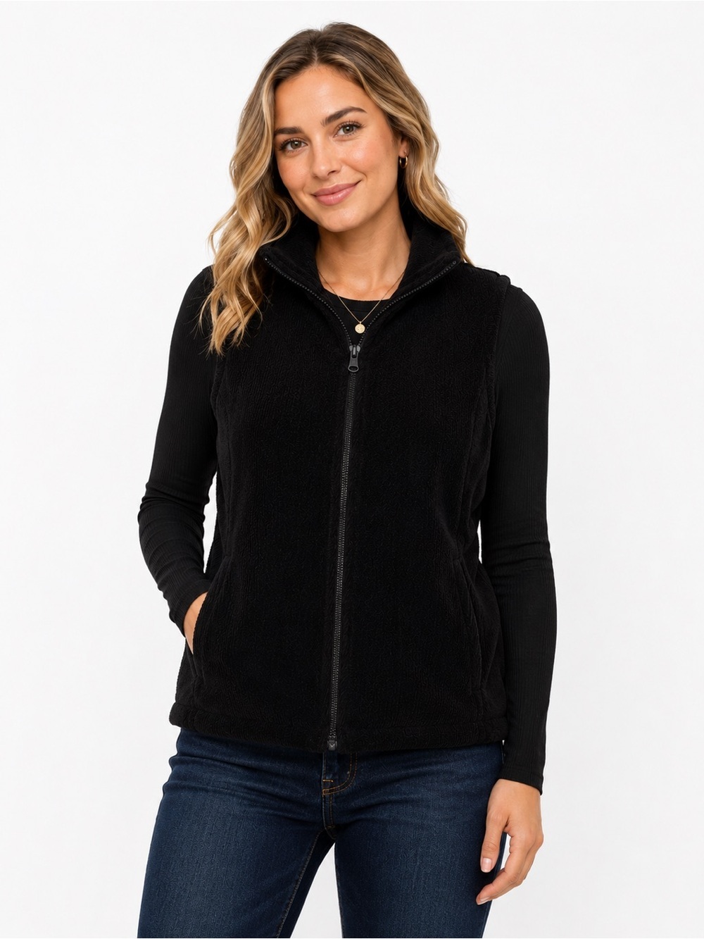 Old Navy Black Fleece Vest Zip Front Mock Neck Sleeveless Layering XL